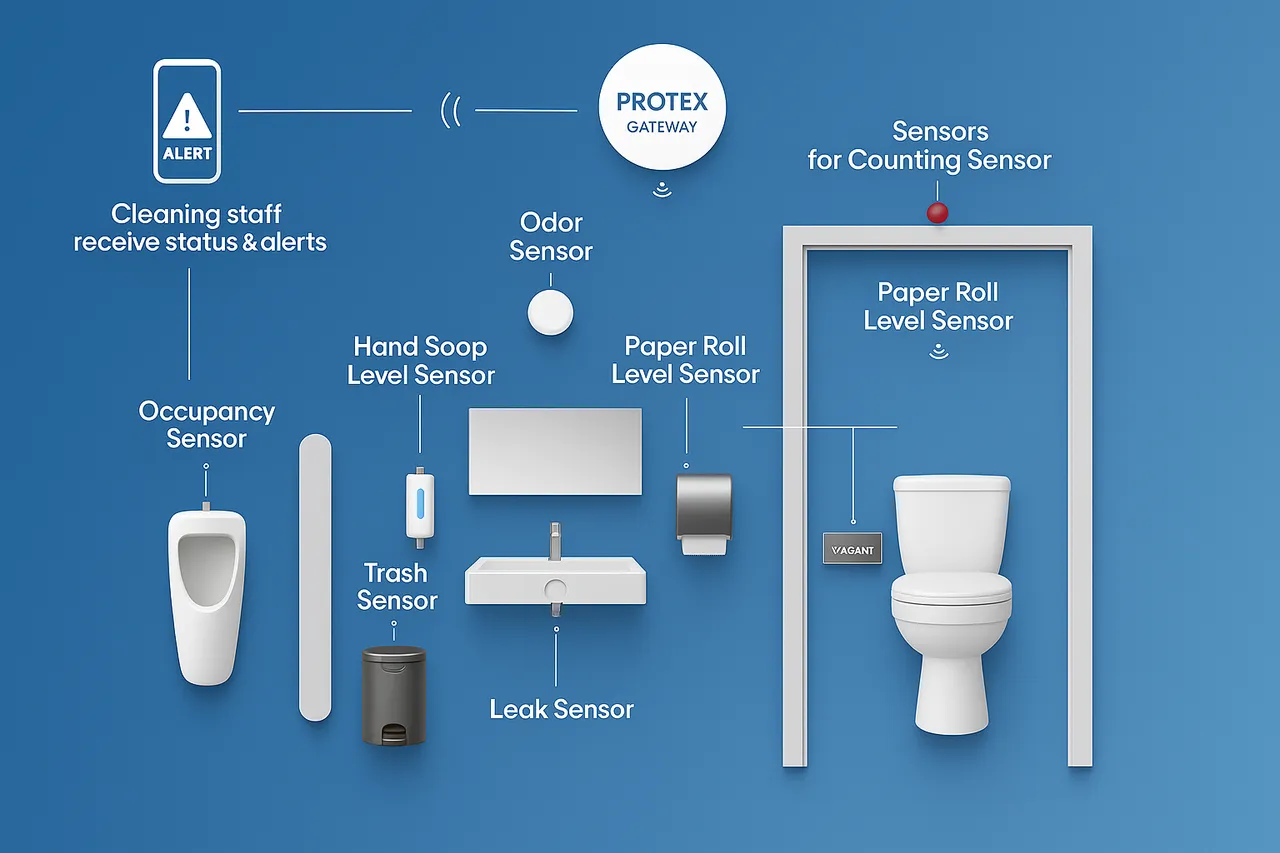 Protex IoT restroom diagram: occupancy, odor, hand soap level, trash, leak, paper roll level and people-counting sensors reporting to the Protex gateway, which alerts the cleaning staff.